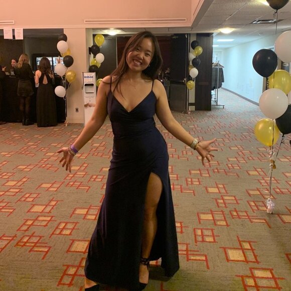 Navy Ruched Slit Leg V Neck Dress - Picture 2 of 5